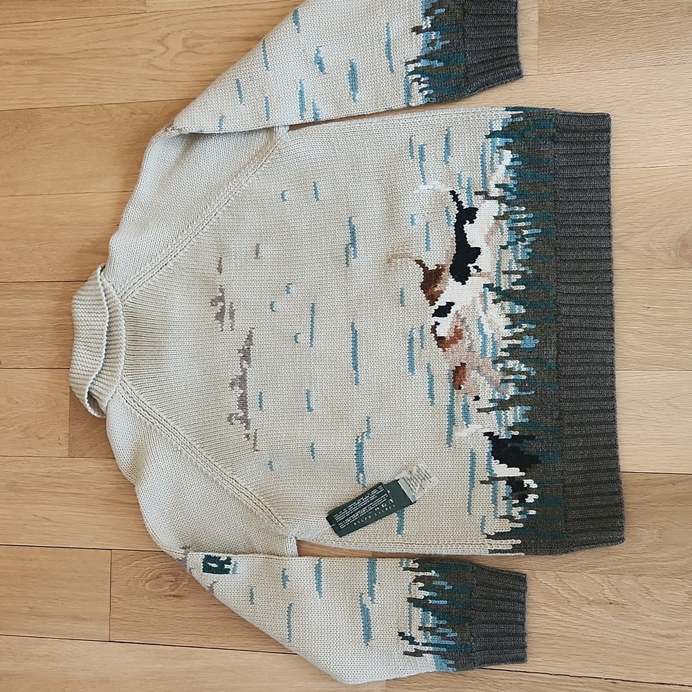 Vintage 90s Lauren Ralph Lauren Hand Knit Cowichan Scenic Landscape Dog Sweater - Picture 2 of 5